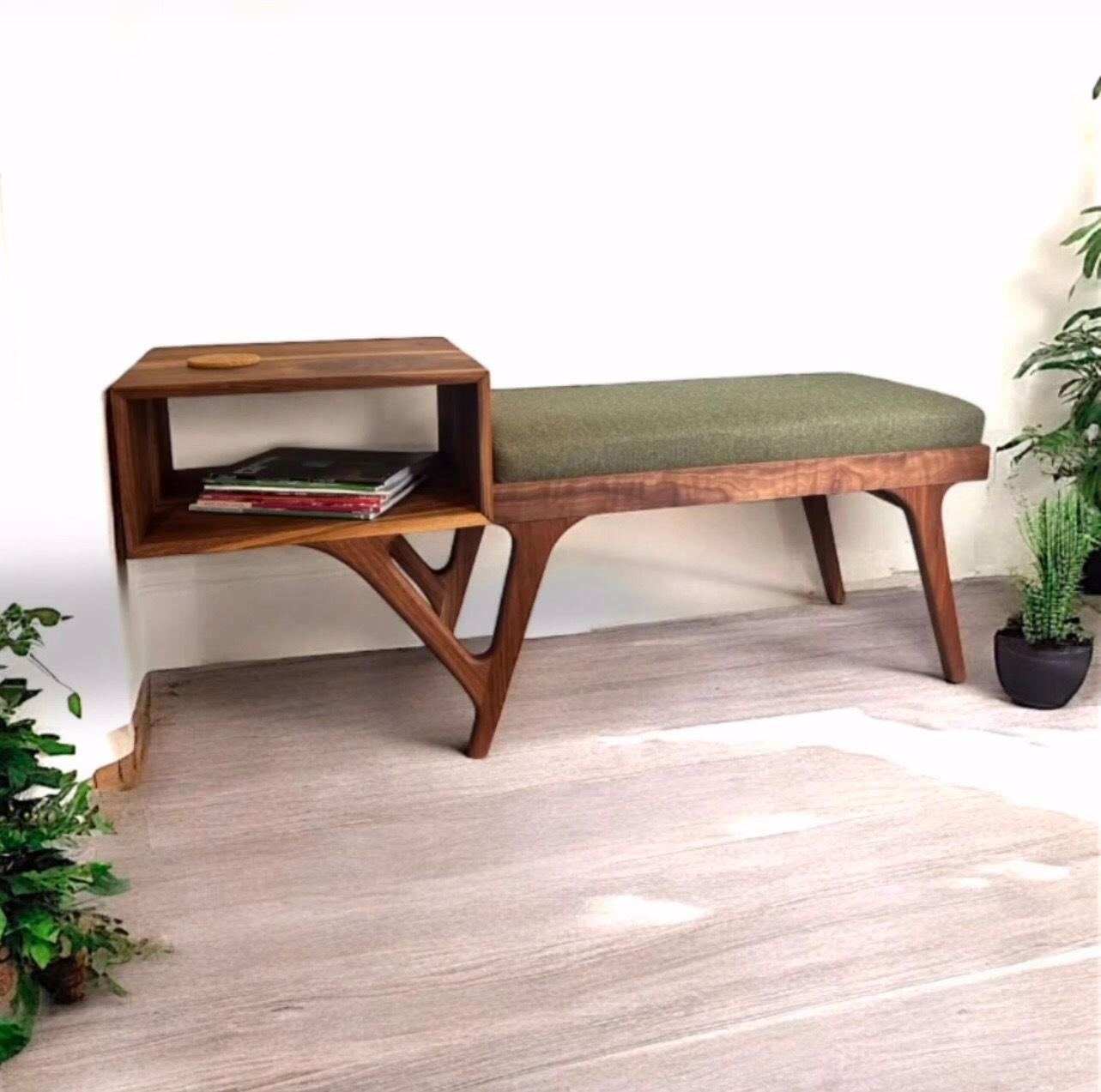 Mid-Century Modern Bench (Solid Walnut)